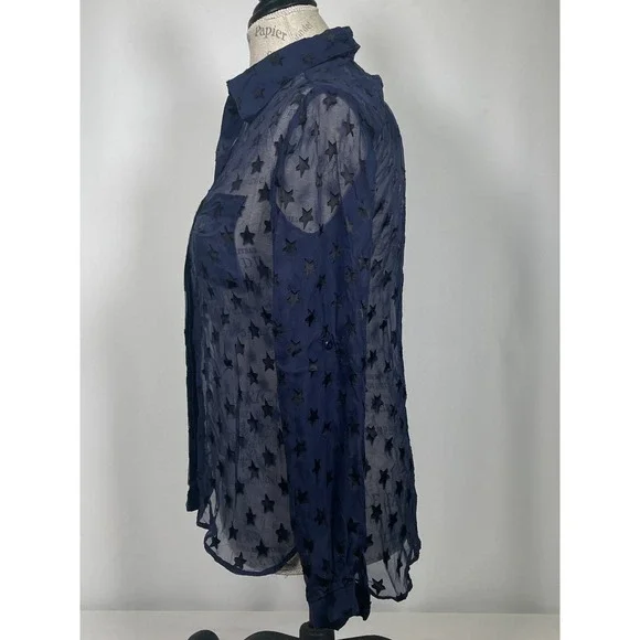 Diane von Furstenberg Lorelei Blue Star Print Sheer Chiffon Blouse Women's Sz 2 - Picture 9 of 14